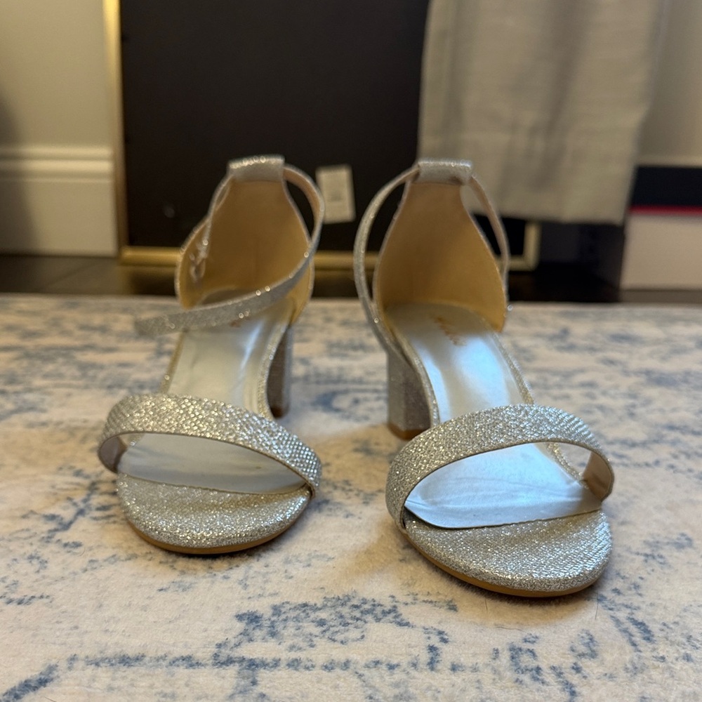 Ankis Women’s Silver Glitter Adjustable Ankle Strap Heels